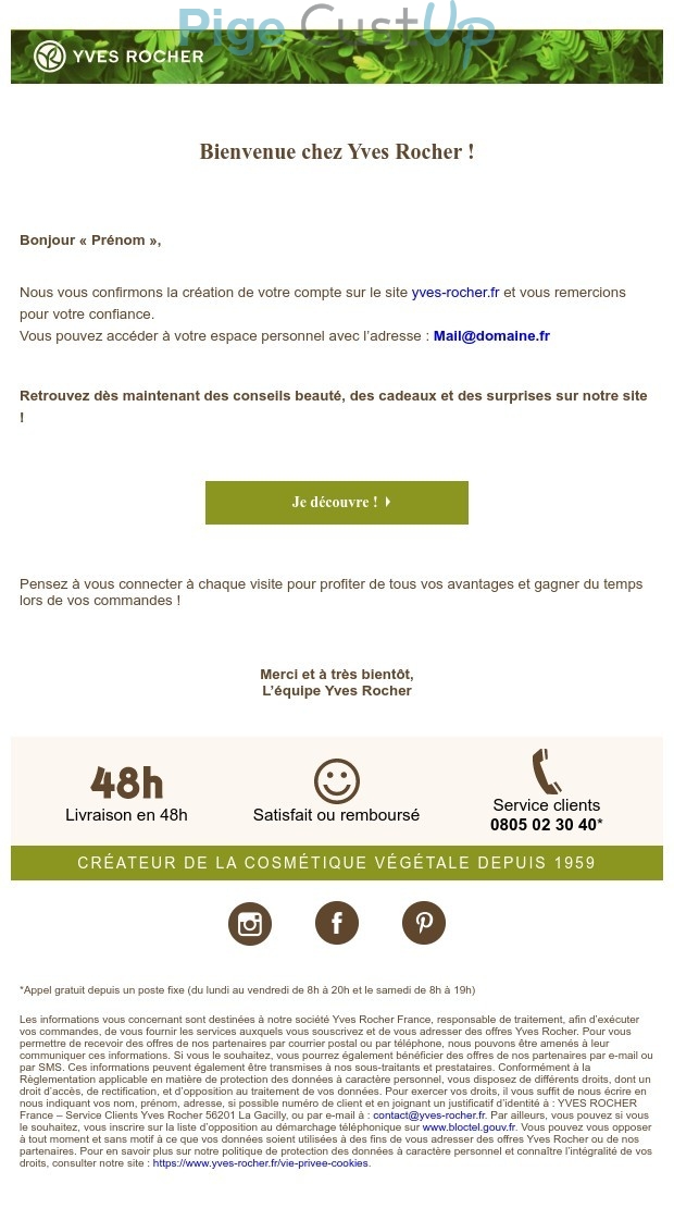 Exemple de Type de media  e-mailing - Yves Rocher - Marketing relationnel - Bienvenue - Welcome - Transactionnels - Confirmation Ouverture de compte