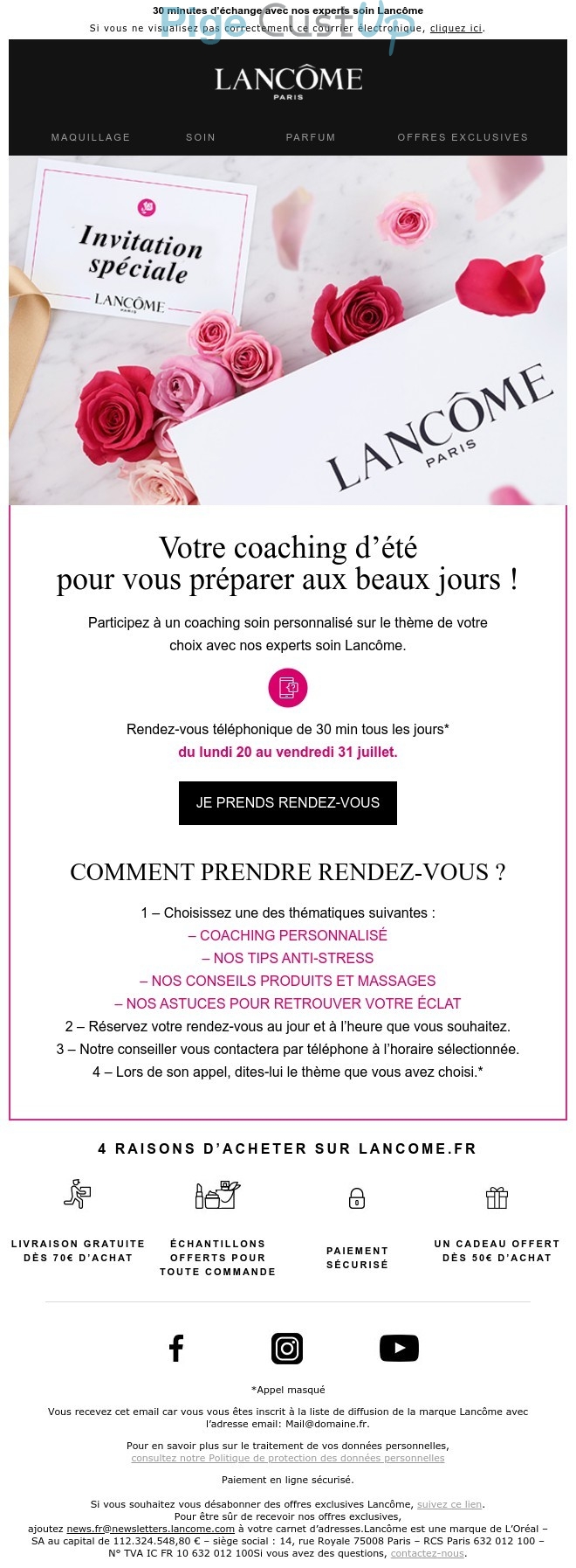 Exemple de Type de media  e-mailing - Lancôme - Marketing relationnel - Evénement - Marketing fidélisation - Incitation au réachat