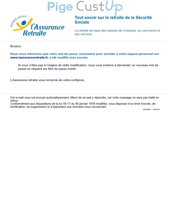 Exemple de Type de media  e-mailing - L'assurance Retraite - Transactionnels - Changement de mot de passe / d'identifiant