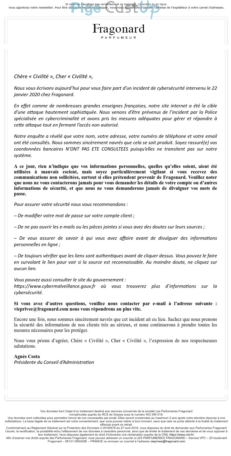 Exemple de Type de media  e-mailing - Fragonard - Marketing relationnel - Données clients / RGPD - Newsletter