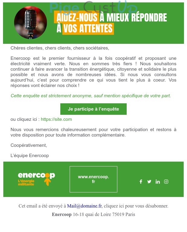 Exemple de Type de media  e-mailing - Enercoop - Enquêtes Clients - NPS / Avis clients