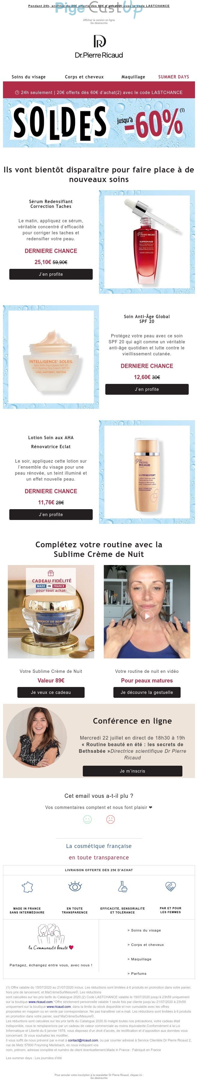 Exemple de Type de media  e-mailing - Dr Pierre Ricaud - Marketing marque - Communication Produits - Nouveaux produits - Marketing Acquisition - Derniers jours - Ventes flash, soldes, demarque, promo, réduction - Marketing relationnel - Evénement - Marketing fidélisation - Incitation au réachat