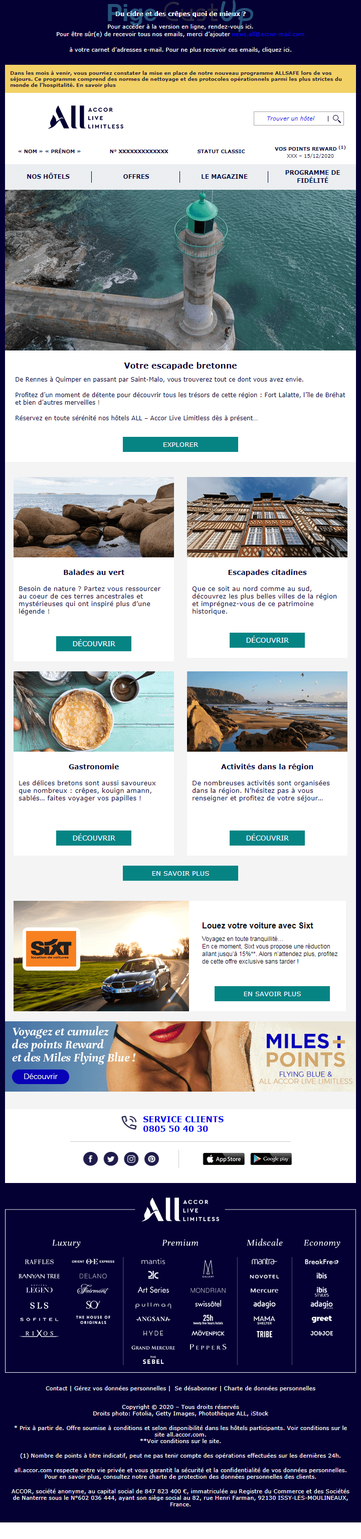 Exemple de Type de media  e-mailing - All Accor - Marketing marque - Communication Produits - Nouveaux produits - Communication Services - Nouveaux Services - Marketing fidélisation - Incitation au réachat - Points et statut