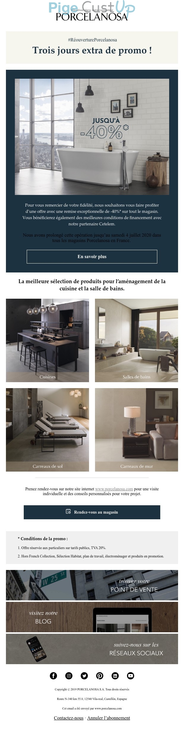 Exemple de Type de media  e-mailing - Porcelanosa - Marketing fidélisation - Animation / Vie du Programme de Fidélité - Incitation au réachat - Marketing marque - Communication Produits - Nouveaux produits - Marketing Acquisition - Ventes flash, soldes, demarque, promo, réduction