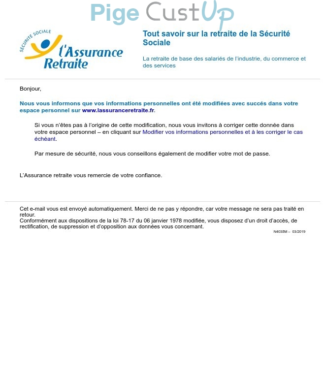 Exemple de Type de media  e-mailing - L'assurance Retraite - Transactionnels - Confirmation modification informations personnelles