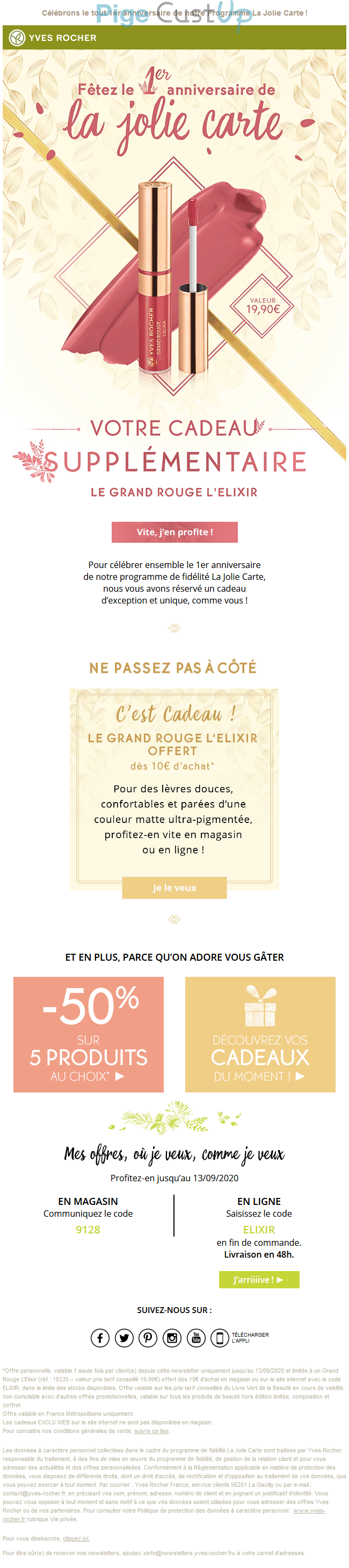 Exemple de Type de media  e-mailing - Yves Rocher - Marketing relationnel - Anniversaire / Fête contact - Marketing Acquisition - Gratuit - Cadeau - Ventes flash, soldes, demarque, promo, réduction