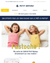 e-mailing - Marketing marque - Communication Services - Nouveaux Services - Nouveau canal - Marketing Acquisition - Ventes flash, soldes, demarque, promo, réduction - Marketing fidélisation - Points et statut - Petit Bateau - 09/2020