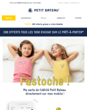 e-mailing - Marketing marque - Communication Services - Nouveaux Services - Nouveau canal - Marketing Acquisition - Ventes flash, soldes, demarque, promo, réduction - Marketing fidélisation - Points et statut - Petit Bateau - 05/2021