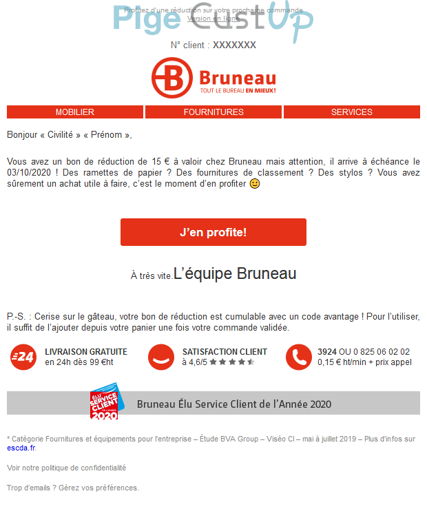 Exemple de Type de media  e-mailing - Bruneau - Marketing Acquisition - Derniers jours - Ventes flash, soldes, demarque, promo, réduction - Marketing fidélisation - Incitation au réachat