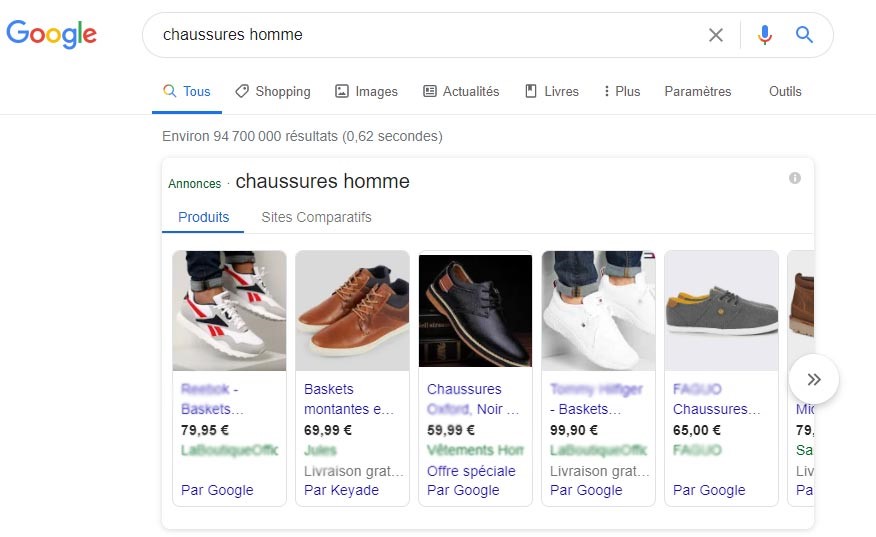 Google Shopping exemple