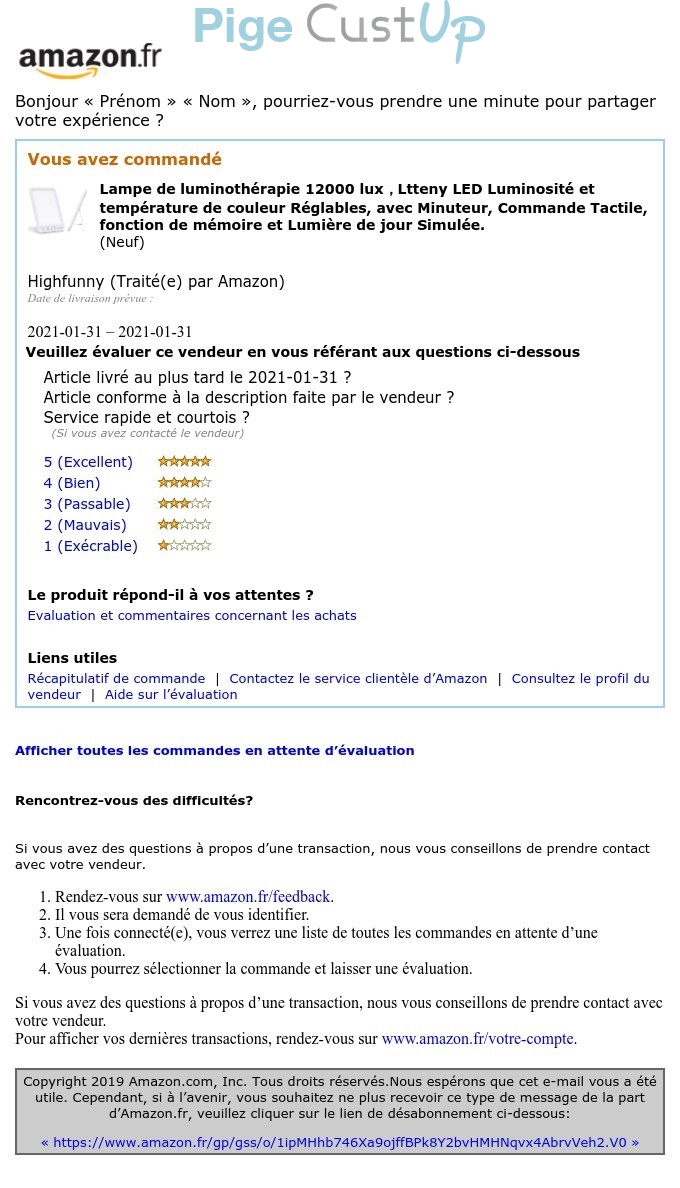 Exemple de Type de media  e-mailing - Amazon - Enquêtes Clients - NPS / Avis clients