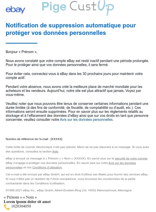 Exemple de Type de media  e-mailing - Ebay - Marketing relationnel - Données clients / RGPD - Marketing Acquisition - Relance inactifs - Transactionnels