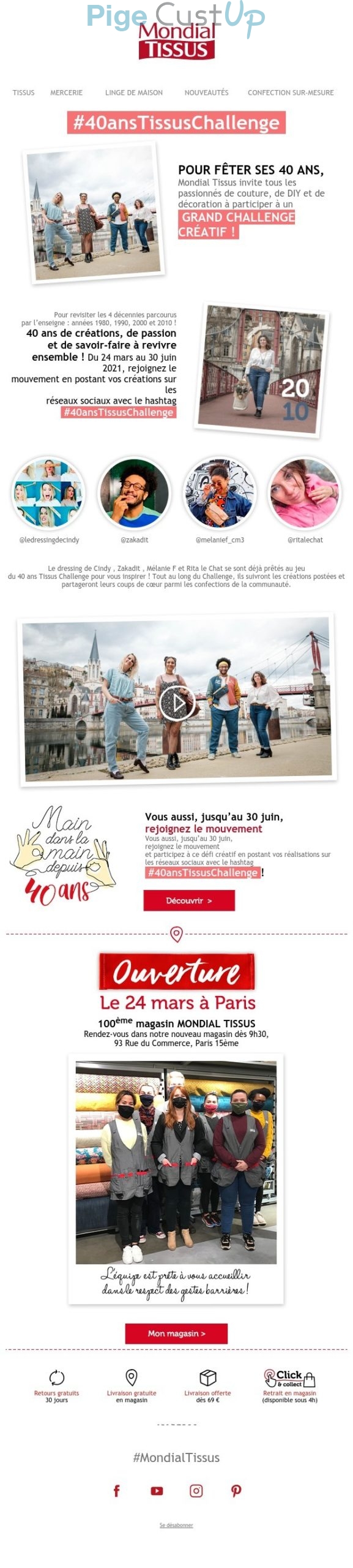 Exemple de Type de media  e-mailing - Mondial Tissus - Marketing fidélisation - Animation / Vie du Programme de Fidélité - Marketing marque - Anniversaire marque