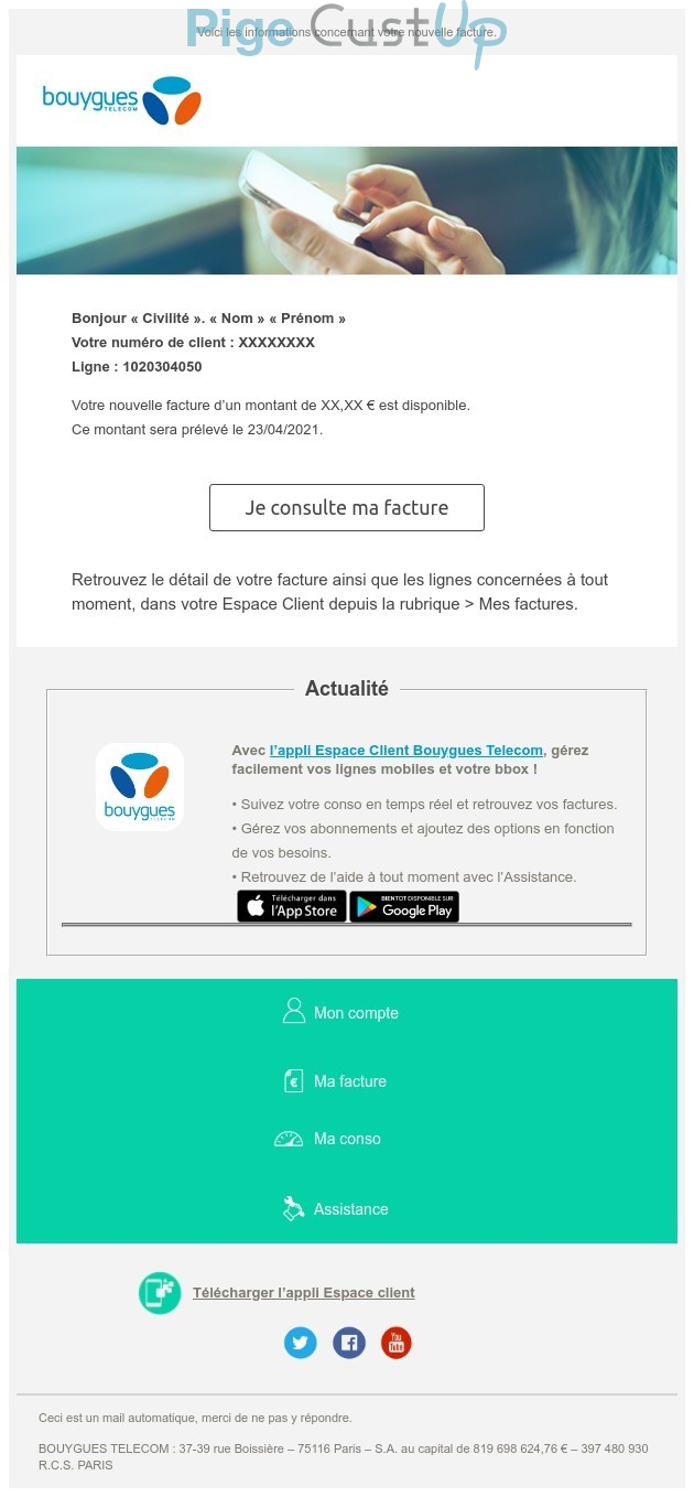 Exemple de Type de media  e-mailing - Bouygues Télécom - Transactionnels - Mise à disposition facture