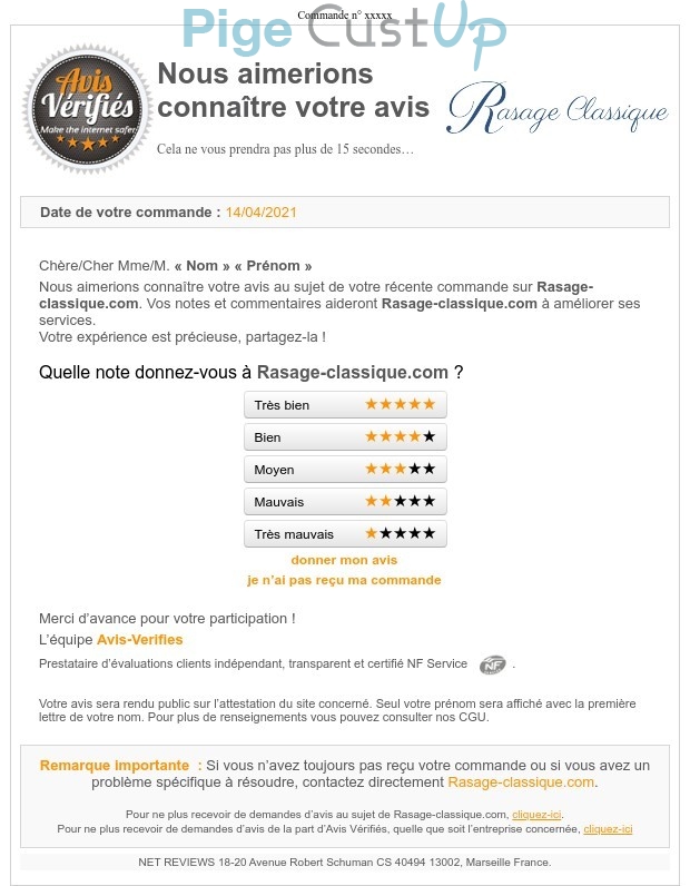 Exemple de Type de media  e-mailing - Rasage Classique - Enquêtes Clients - NPS / Avis clients