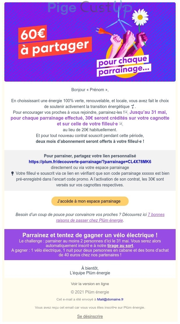 Exemple de Type de media  e-mailing - Plüm - Marketing Acquisition - Parrainage