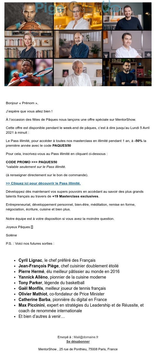 Exemple de Type de media  e-mailing - Mentorshow - Marketing relationnel - Calendaire (Noël, St valentin, Vœux, …) - Marketing Acquisition - Ventes flash, soldes, demarque, promo, réduction