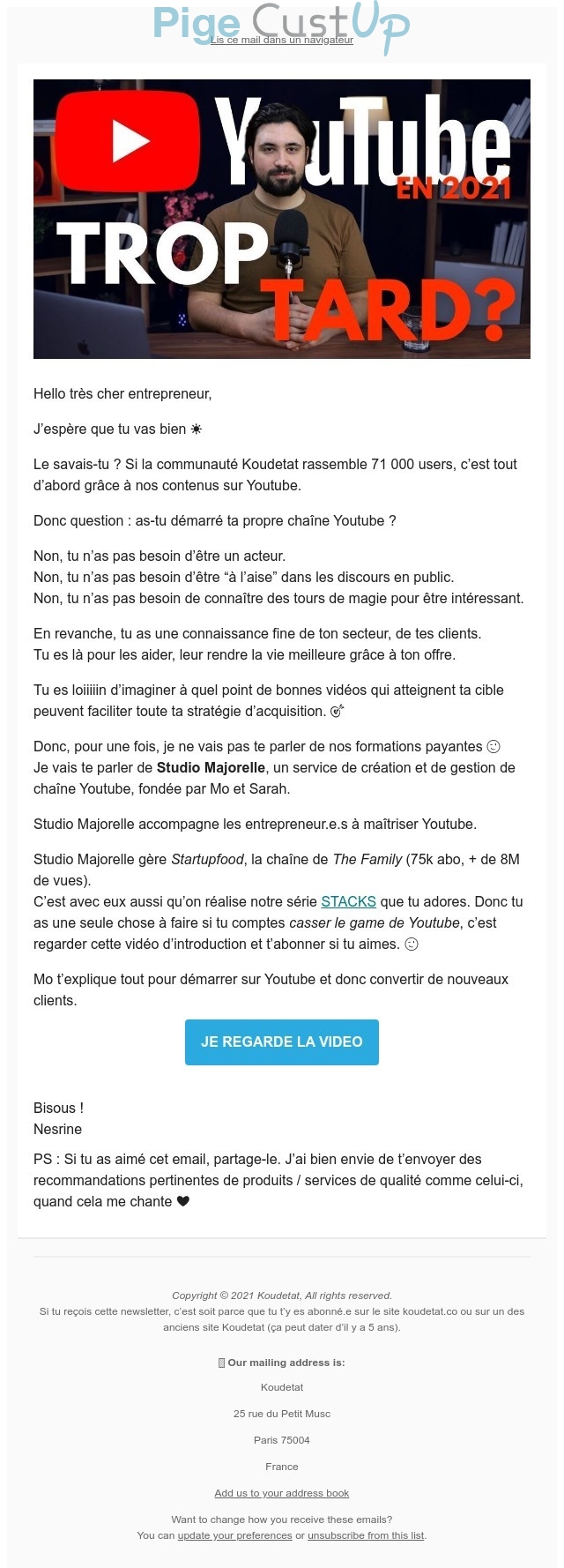 Exemple de Type de media  e-mailing - YouTube - Marketing relationnel - Newsletter