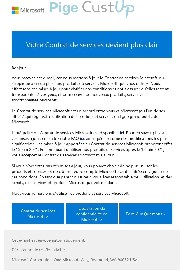 Exemple de Type de media  e-mailing - Microsoft - Transactionnels - Rappel CGV / SAV / Garantie