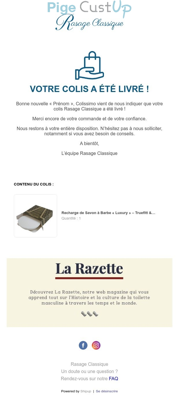 Exemple de Type de media  e-mailing - Rasage Classique - Transactionnels - Confirmation Livraison