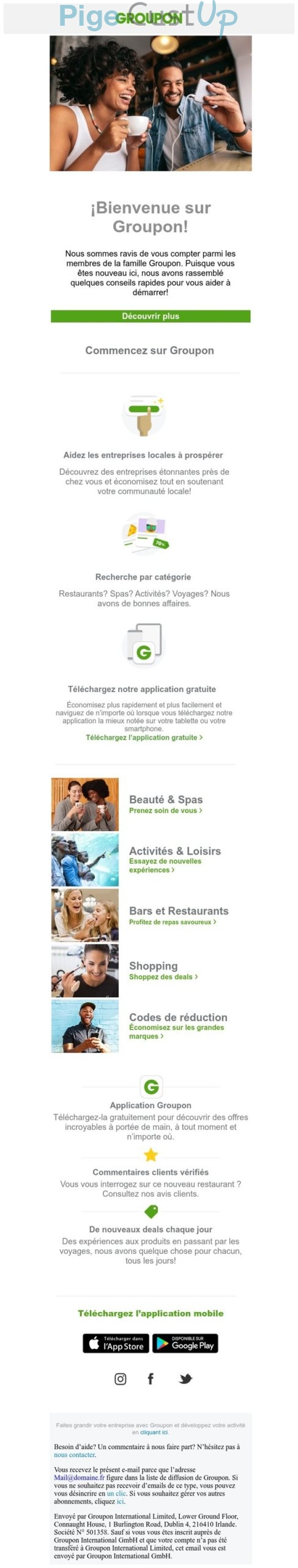 Exemple de Type de media  e-mailing - Groupon - Marketing relationnel - Bienvenue - Welcome