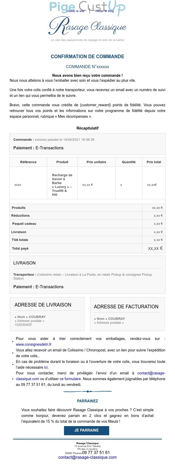 Exemple de Type de media  e-mailing - Rasage Classique - Transactionnels - Confirmation de commande