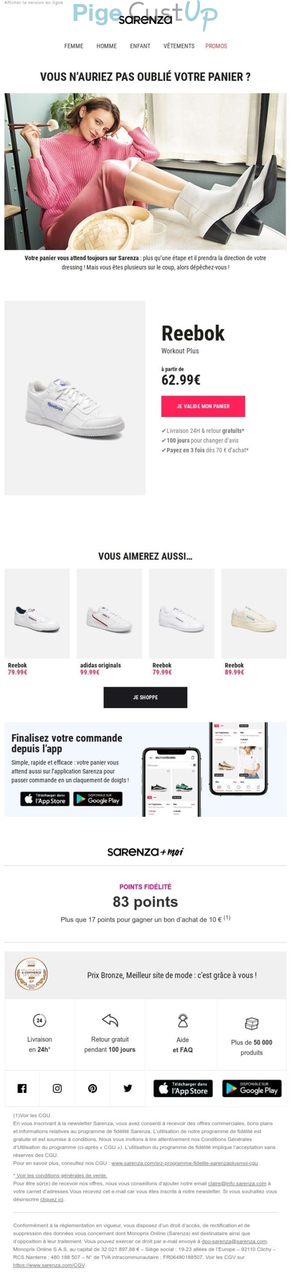 Exemple de Type de media  e-mailing - Sarenza - Marketing Acquisition - Panier abandonné