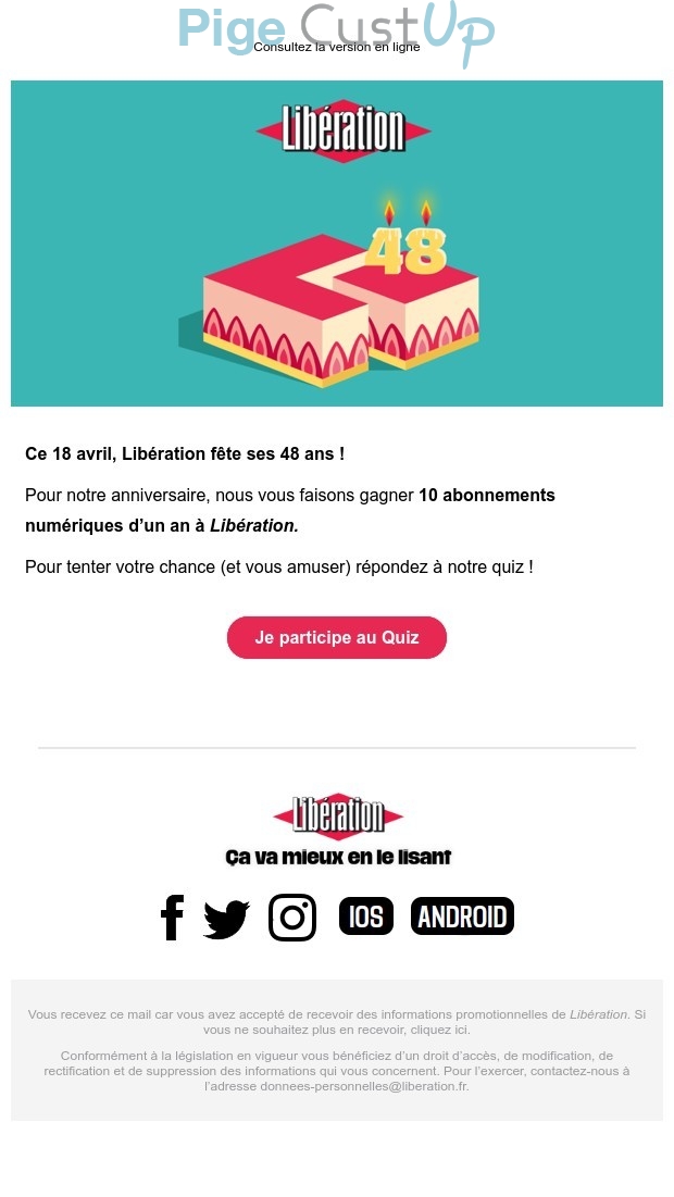Exemple de Type de media  e-mailing - Libération - Collecte de données - Acquisition de leads - Marketing Acquisition - Jeu promo