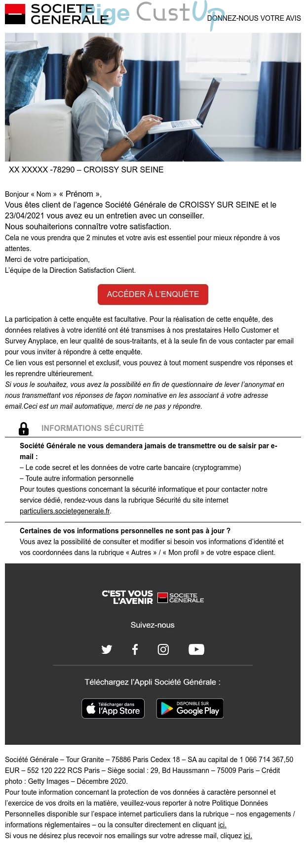 Exemple de Type de media  e-mailing - Société Générale - Enquêtes Clients - NPS / Avis clients