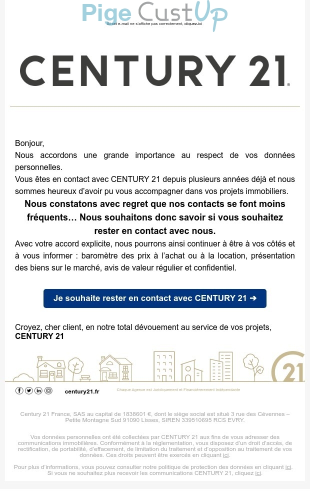 Exemple de Type de media  e-mailing - Century 21 - Marketing Acquisition - Relance inactifs