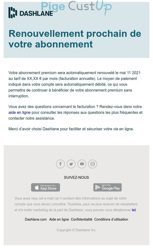 Exemple de Type de media  e-mailing - Dashlane - Marketing fidélisation - Renouvellement abonnement