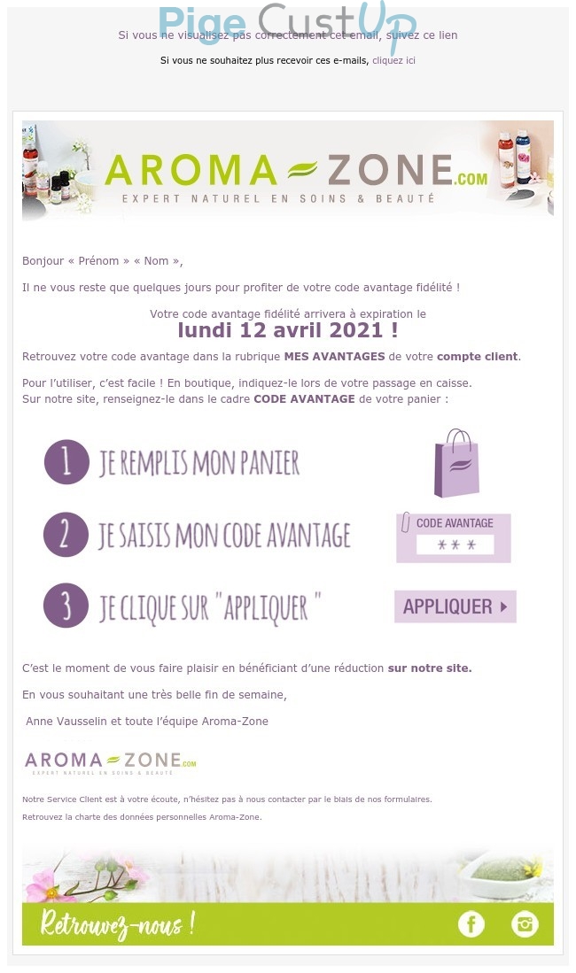 Exemple de Type de media  e-mailing - Aroma-Zone - Marketing Acquisition - Derniers jours - Ventes flash, soldes, demarque, promo, réduction