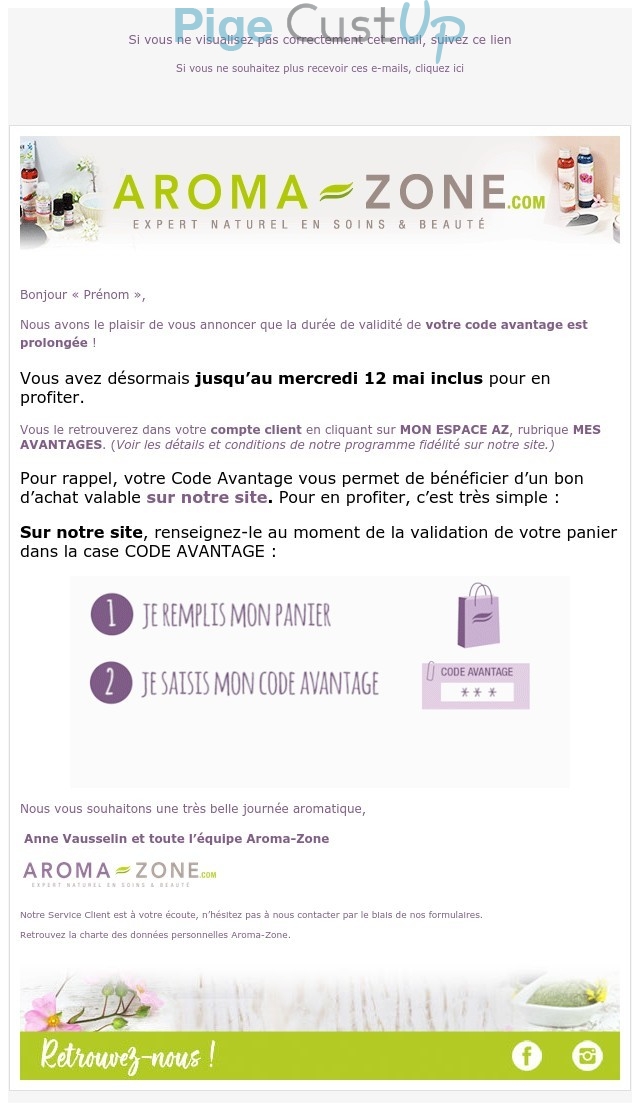 Exemple de Type de media  e-mailing - Aroma-Zone - Marketing fidélisation - Incitation au réachat - Marketing Acquisition - Ventes flash, soldes, demarque, promo, réduction