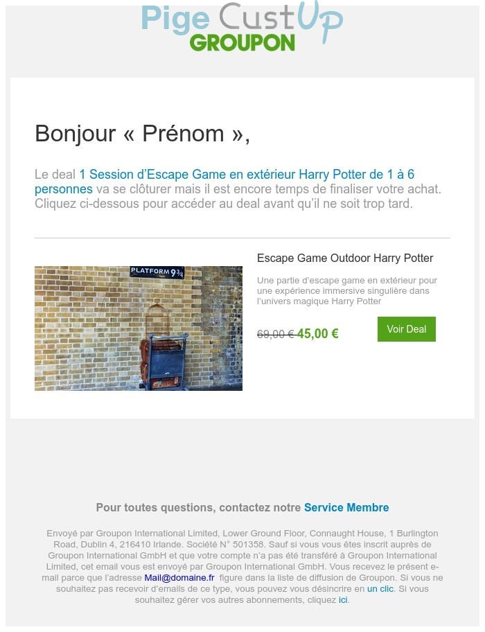 Exemple de Type de media  e-mailing - Groupon - Marketing Acquisition - Panier abandonné