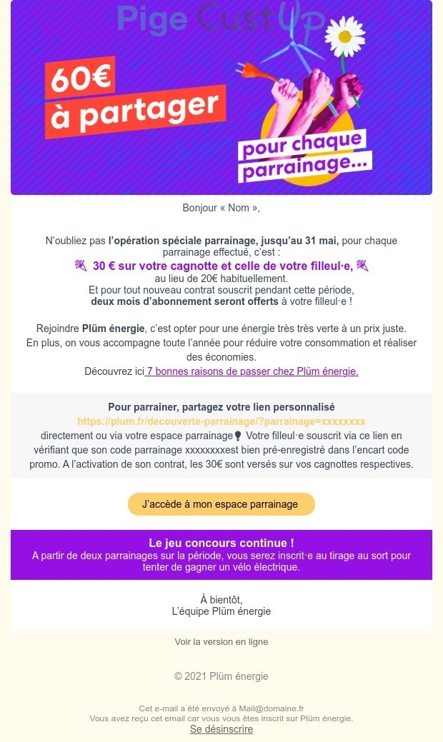 Exemple de Type de media  e-mailing - Plüm - Marketing Acquisition - Parrainage