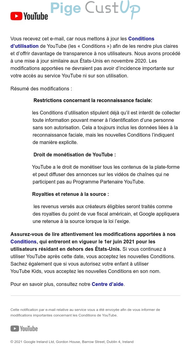 Exemple de Type de media  e-mailing - YouTube - Transactionnels - Rappel CGV / SAV / Garantie