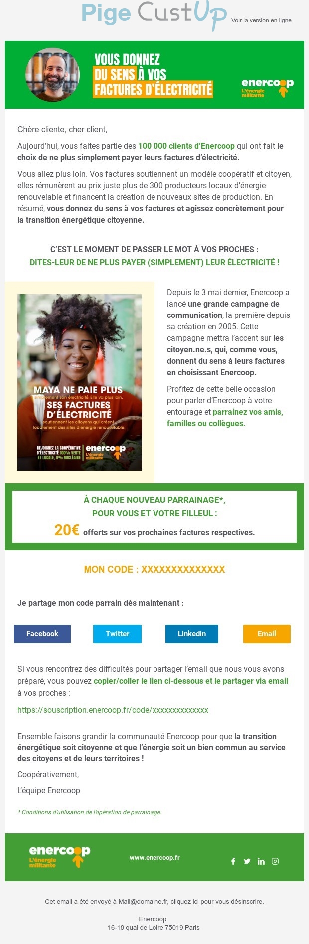 Exemple de Type de media  e-mailing - Enercoop - Marketing Acquisition - Parrainage