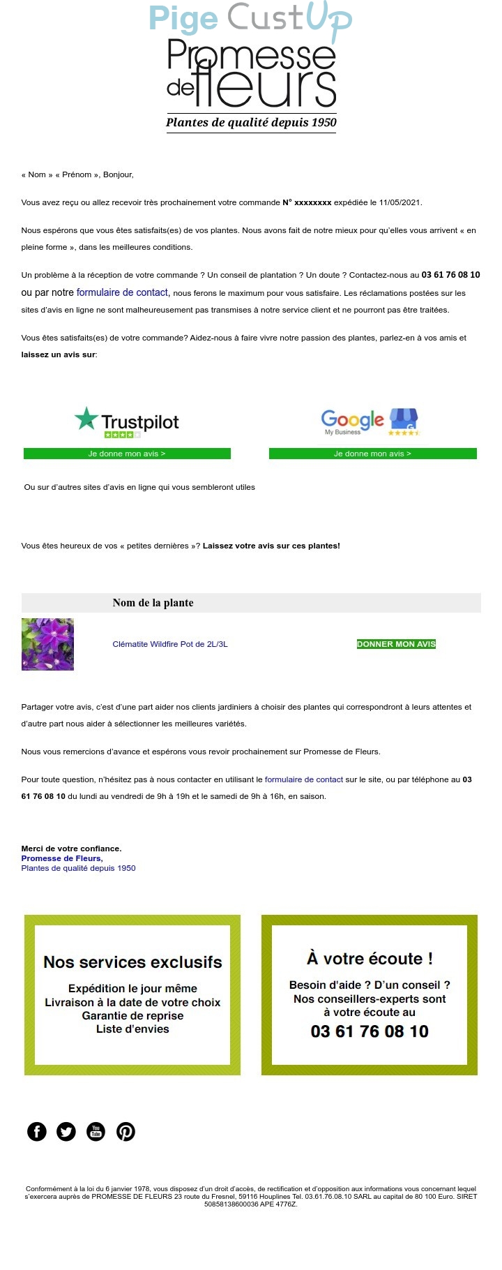 Exemple de Type de media  e-mailing - Promesse de fleurs - Enquêtes Clients - NPS / Avis clients