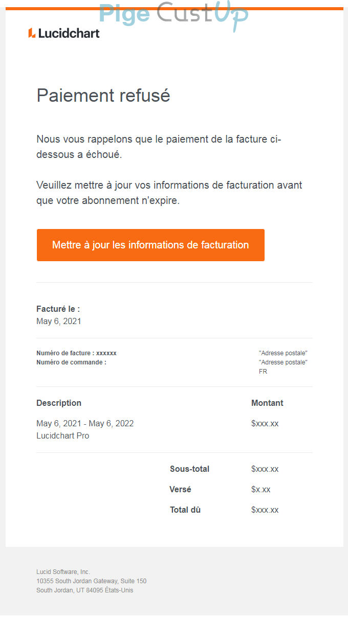 Exemple de Type de media  e-mailing - Lucidchart - Transactionnels - Échec de paiement