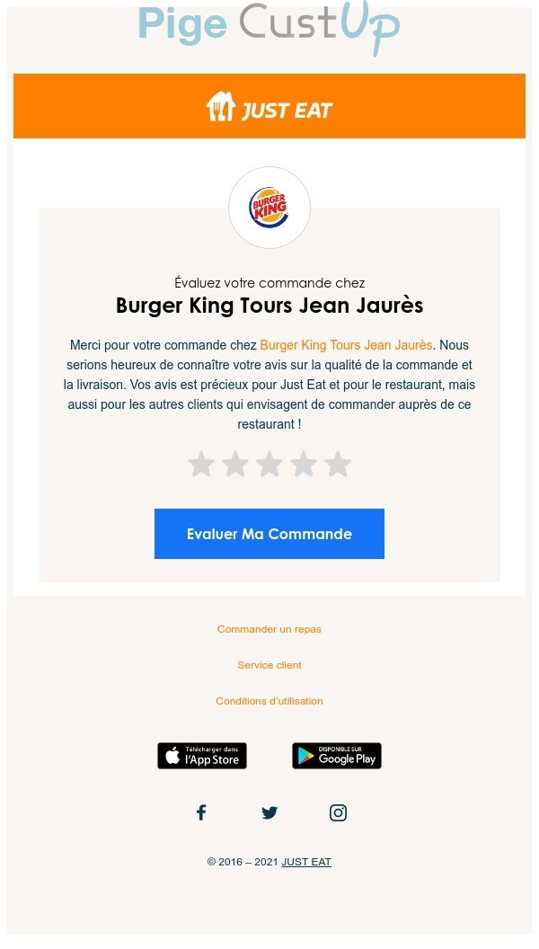 Exemple de Type de media  e-mailing - Burger King - Enquêtes Clients - NPS / Avis clients
