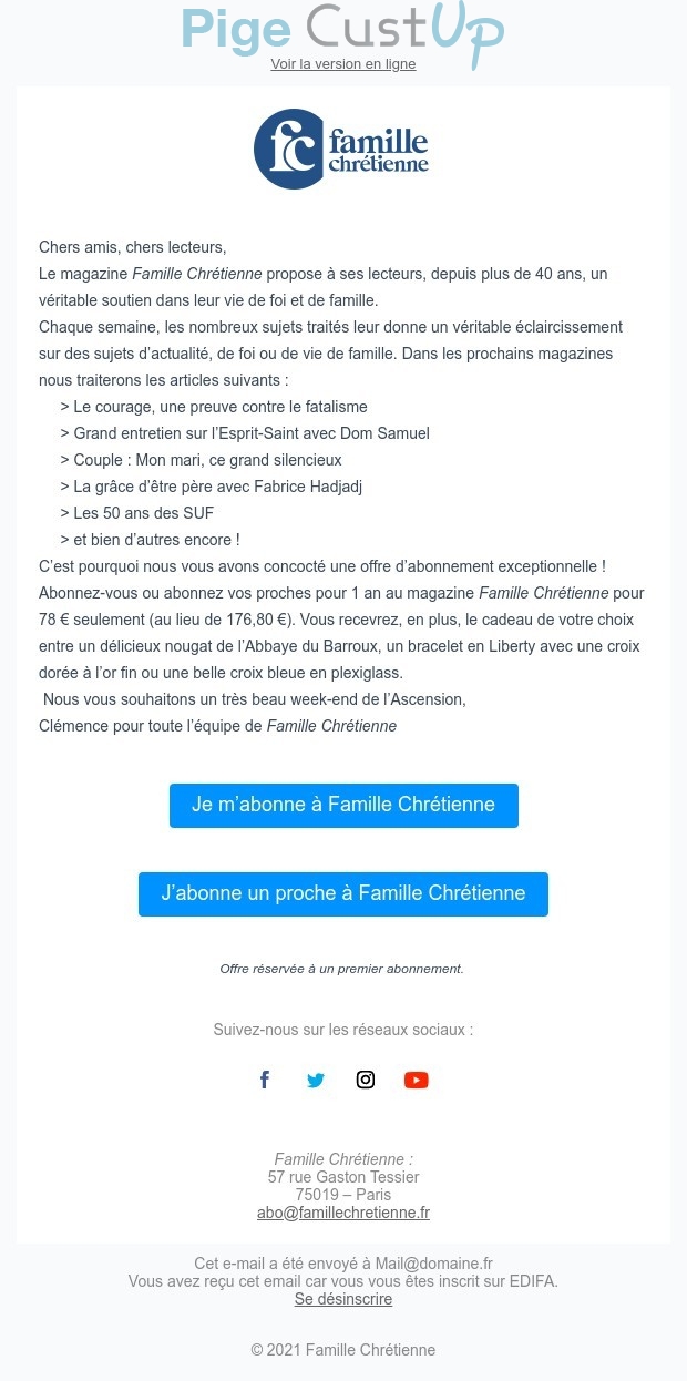 Exemple de Type de media  e-mailing - Famille chretienne - Marketing Acquisition - Acquisition abonnements