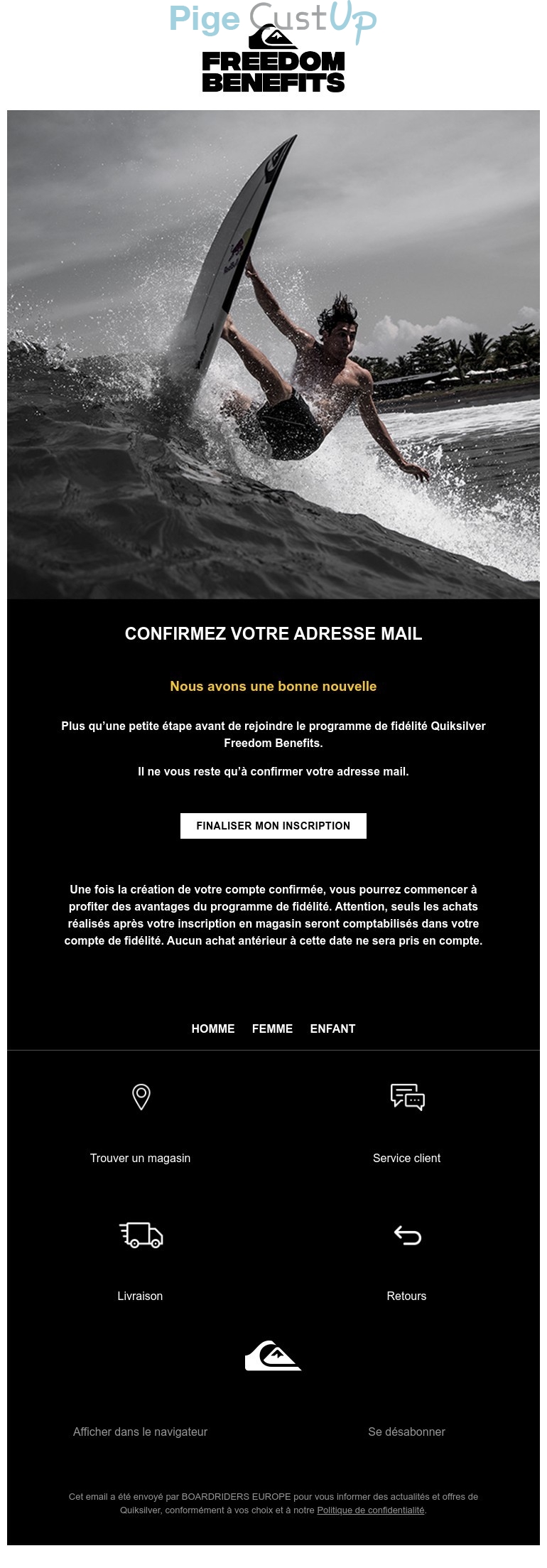 Exemple de Type de media  e-mailing - Quiksilver - Transactionnels - Incitations à ouverture compte