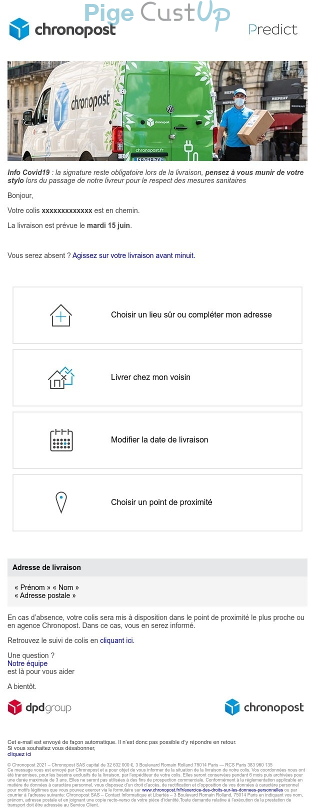 Exemple de Type de media  e-mailing - Chronopost - Transactionnels - Suivi de commande Expédition / Livraison