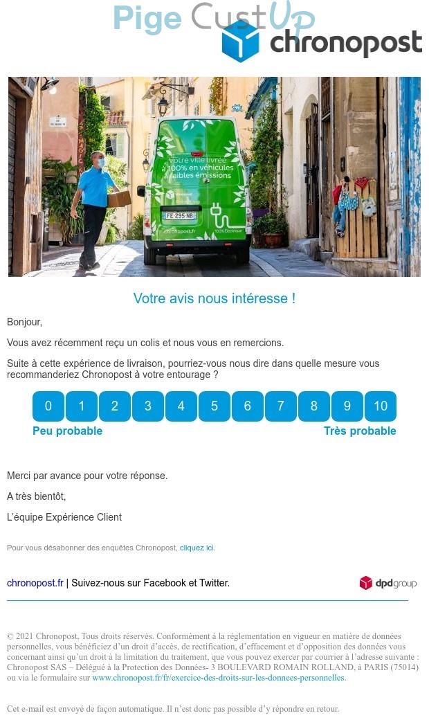 Exemple de Type de media  e-mailing - Chronopost - Enquêtes Clients - NPS / Avis clients