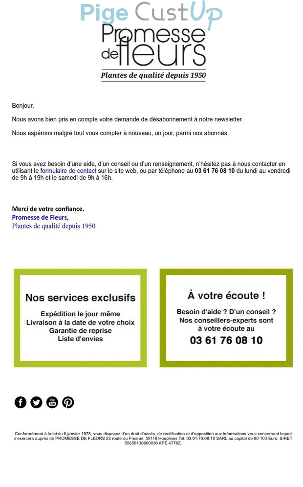 Exemple de Type de media  e-mailing - Promesse de fleurs - Transactionnels - Confirmation désabonnement Newsletters