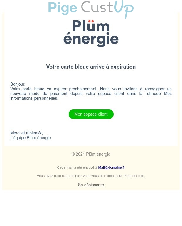 Exemple de Type de media  e-mailing - Plüm - Service Clients - Mise à jour coordonnées bancaires