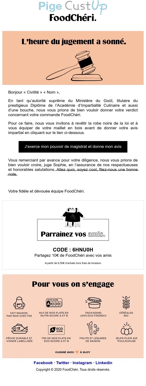 Exemple de Type de media  e-mailing - FoodChéri - Enquêtes Clients - NPS / Avis clients