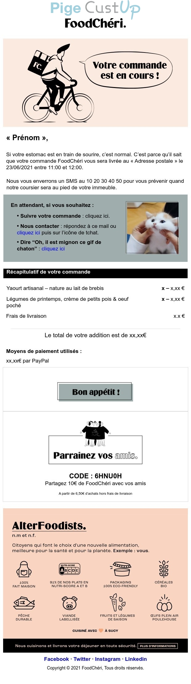 Exemple de Type de media  e-mailing - FoodChéri - Transactionnels - Confirmation de commande - Suivi de commande Expédition / Livraison