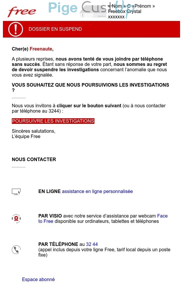 Exemple de Type de media  e-mailing - Free - Service Clients - Suivi de demande