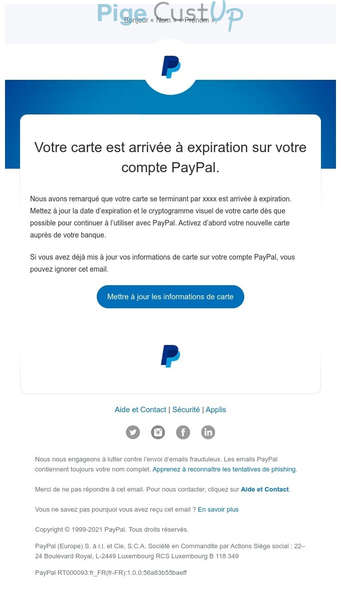 Exemple de Type de media  e-mailing - Paypal - Service Clients - Mise à jour coordonnées bancaires